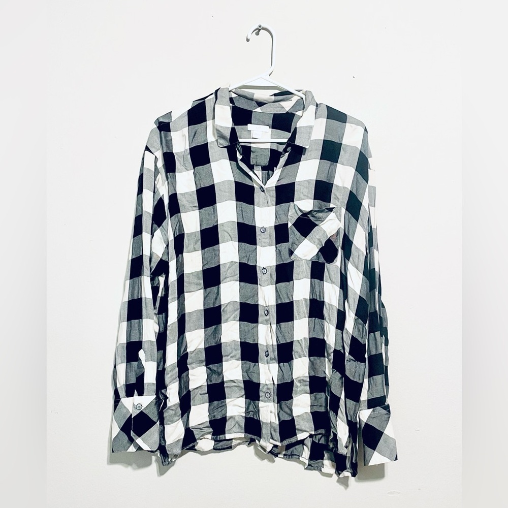 J. Jill Women L Long Sleeve Button Front Buffalo Plaid Shirt Black White SOFT